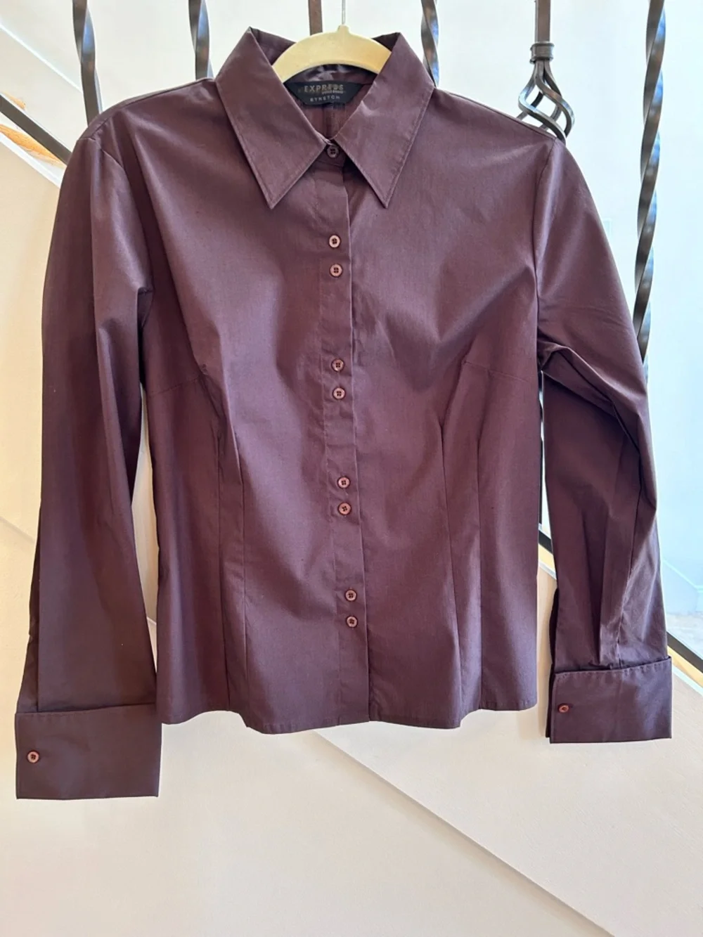 Express Brown Pencil Skirt with Diagonal Stripe Accents & Brown Buttons Down Top - Picture 10 of 12